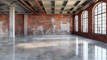 Sleek, empty room with polished concrete floor and vintage red bricks on the walls, featuring large windows for natural light