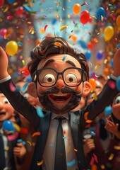 Happy employees celebrating success, 3D animation render