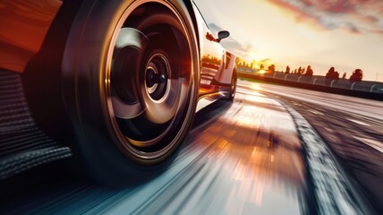 Dynamic close-up of a racing car wheel in motion, capturing speed and power against a vibrant sunset backdrop.