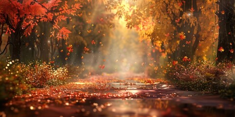 Fototapeta premium Enchanted Autumn Forest Zoom Background. Tranquil nature scene