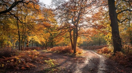 Obraz premium Sunlit path in autumn forest with colorful leaves and clear sky. Perfect for nature lovers and those who enjoy peaceful walks in a woodland setting.