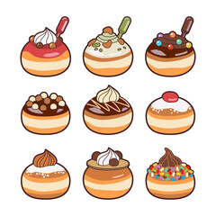 Set of Hanukkah doughnuts, donuts (sufganiyot) with editable top decorations. Traditional food for Jewish Holiday Hanukkah