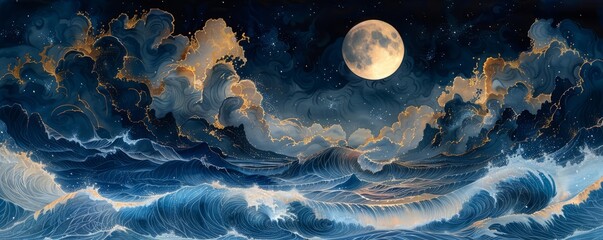 Abstract tidal waves with moonlight and stars in watercolor on white.