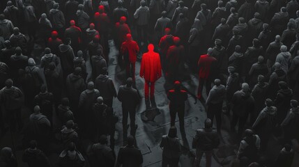 Obraz premium Gray crowd with one red silhouette standing out, illustrating the concept of individuality, uniqueness, and leadership