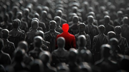 Obraz premium Gray crowd with one red silhouette standing out, illustrating the concept of individuality, uniqueness, and leadership