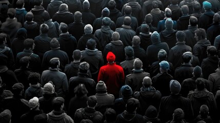 Obraz premium Gray crowd with one red silhouette standing out, illustrating the concept of individuality, uniqueness, and leadership