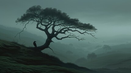 A solitary tree silhouetted against a misty landscape, creating a serene and mysterious atmosphere in nature.