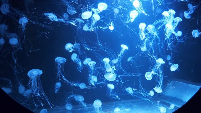 Many white medusas swim underwater in aquarium