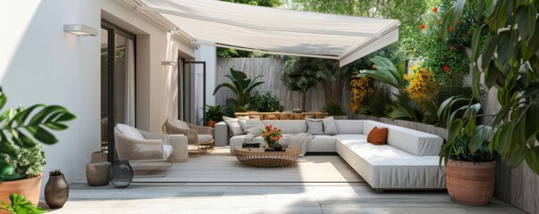 Stylish outdoor patio with comfortable seating, lush plants, and a relaxing atmosphere perfect for gatherings or quiet moments.