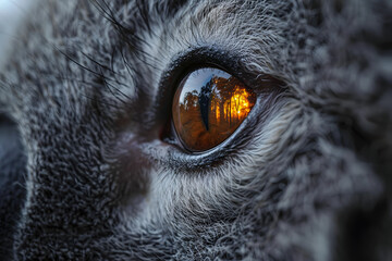 Close up of Koala bear's eye with reflection of burning forest