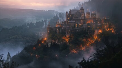 Fototapeta premium Majestic medieval castle on a foggy hillside, illuminated by firelight at dawn, surrounded by dense forest and mist, creating an enchanting view.