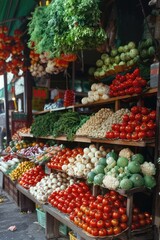 A market with a variety of fresh produce including tomatoes, onions