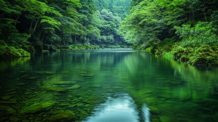 Naklejka premium Serene forest lake with clear water, surrounded by lush greenery, creates a peaceful and tranquil natural landscape scene.
