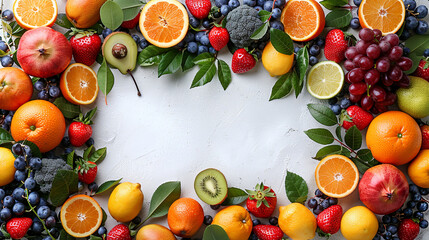 A colorful composition made of delicious raw fruit creates copies of the space