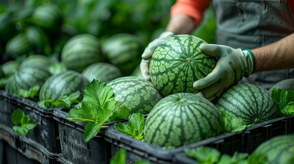 A close-up shot of gloved hands carefully picking ripe striped watermelons from a lush field, highlighting the human aspect of agricultural labor.