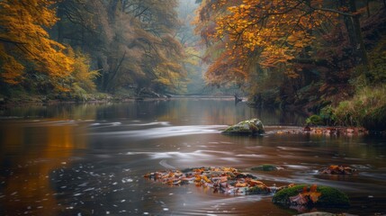 Serene autumn river amidst vibrant trees. Relaxing nature photo showcasing the beauty of fall....