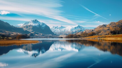 Stunning mountain landscape with clear blue sky and perfect reflection on a calm lake. Ideal for nature lovers and outdoor enthusiasts.