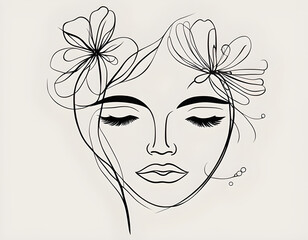 Abstract face with flowers by one line vector drawing. Portrait minimalistic style. 
