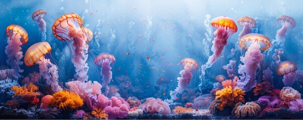 Abstract coral reef with jellyfish in watercolor on white.