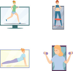 Online training icons set cartoon vector. Professional instructor trainer online. Healthy lifestyle, physical activity