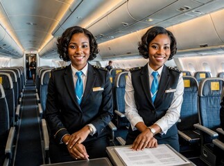 smiling african american stewardess with papers sitting in airplane