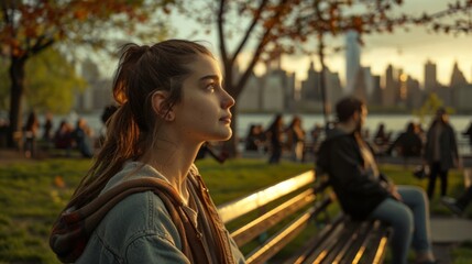 Fototapeta premium Girl sitting on park bench in city at sunset, skyline in background, peaceful atmosphere with autumn colors, serene moment in urban life