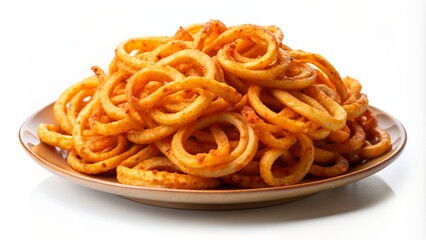 Deliciously crafted seasoned curly fries scattered on a plate, perfectly arranged and isolated on a transparent background, showcasing a mouthwatering snack.
