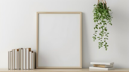 Empty Wooden Frame Mockup on Shelf with Hanging Plant Minimalist White Room Decor