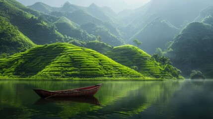 A serene boat concept amidst lush hills.