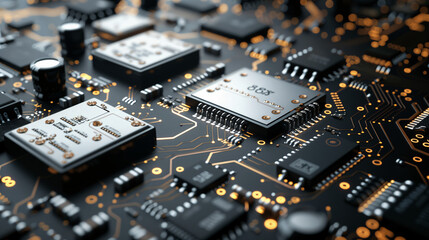 Fototapeta premium Close-up view of a blue electronic motherboard with microchips and circuitry