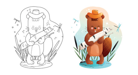 Cute beaver Coloring Page Black and White and Colored Versions. Childrens animals set. 
