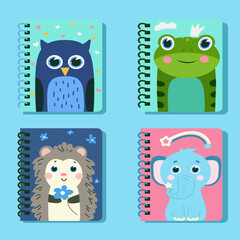Set of school supplies, spiral notebooks with funny animals, owl, hedgehog, elephant, toad, vector illustrations