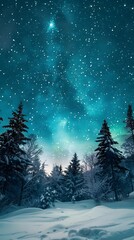 Enchanting Winter Wonderland with Breathtaking Northern Lights Display in Snowy Forest Landscape