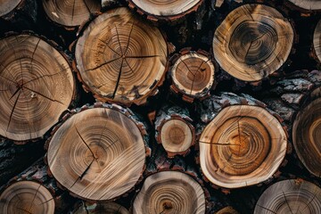 stack of freshly cut logs, arranged neatly in a pile. The cross-sections reveal the tree rings textures of the wood