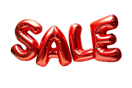 Word sale made of red inflatable balloons isolated on transparent background. Helium balloons sale . Discount , advertisement, black friday, PNG