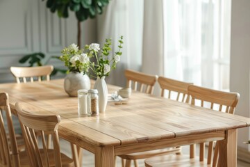 Stylish wooden dining table and chairs in room. Interior design. copy space