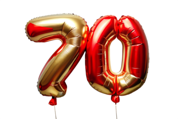 70 number red golden ballon . Seventy font balloon isolated on transparent background. Discount , sale , birthday, anniversary concept .PNG