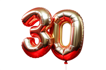 30 number red golden ballon . Thirty font balloon isolated on  transparent background. Discount , sale , birthday, anniversary concept PNG
