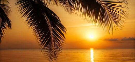 Tropical beach with palm trees and sea water black gold colors on sunset time. Banner. Beautiful relax vacation travel background with copy space.