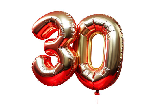 30 number red golden ballon . Thirty font balloon isolated on  transparent background. Discount , sale , birthday, anniversary concept PNG