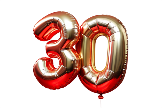 30 number red golden ballon . Thirty font balloon isolated on  transparent background. Discount , sale , birthday, anniversary concept PNG