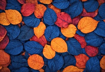 Fototapeta premium Colorful autumn leaves background. Red, orange and blue leaves.