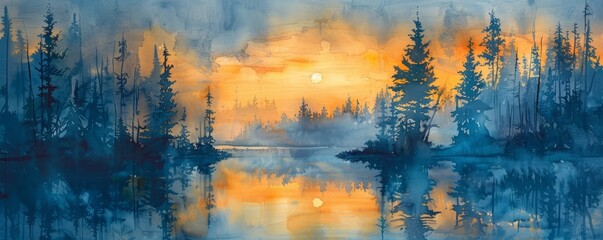 A painting of a forest with a lake and a sun in the sky