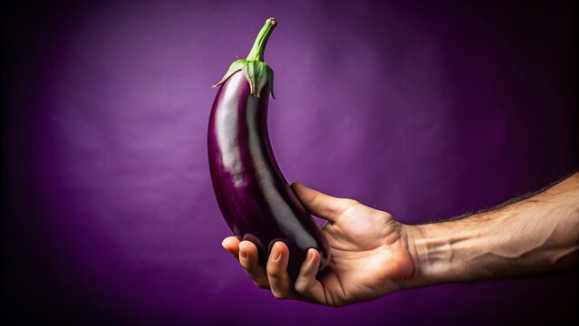Close-up of a masculine hand gently grasping a long, curved eggplant, symbolizing virility, set against a rich, velvety purple studio background, exuding sensuality.
