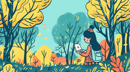 Illustration of a girl with a laptop sitting among autumn trees