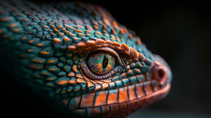Fototapeta premium Close-up of a colorful reptile's eye displaying intricate details and textures, 3d illustration.