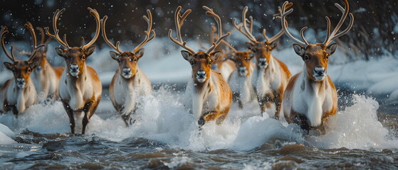 Obraz premium Reindeers are mammal wild animal in Arctic or iceland, snowy deers, which ungulates that live in the Arctic in groups of families or species societies