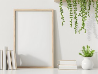 Blank Wooden Picture Frame Mockup on Shelf with Books and Hanging Plant Modern Minimal Design