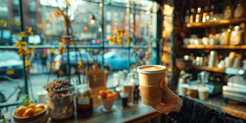 Fototapeta premium Coffee Cup in Urban Cafe Window. A hand holds a cup of coffee with latte art, seen from the inside of a cafe with a window view of a city street.