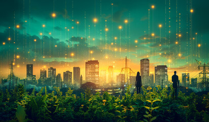 Two Figures Admire City Lights at Dusk. Two silhouettes stand in a field of greenery, gazing at the glowing cityscape behind them. The sky is filled with digital lines and lights.